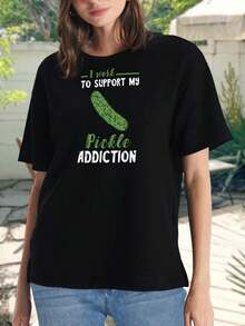 Camiseta divertida de pepinillo para mujer 'Trabajo para mantener a mi pepinillo' - Camiseta de manga corta informal de mezcla de algodón, regalo único para amantes de los pepinillos - Negro - Ver 2