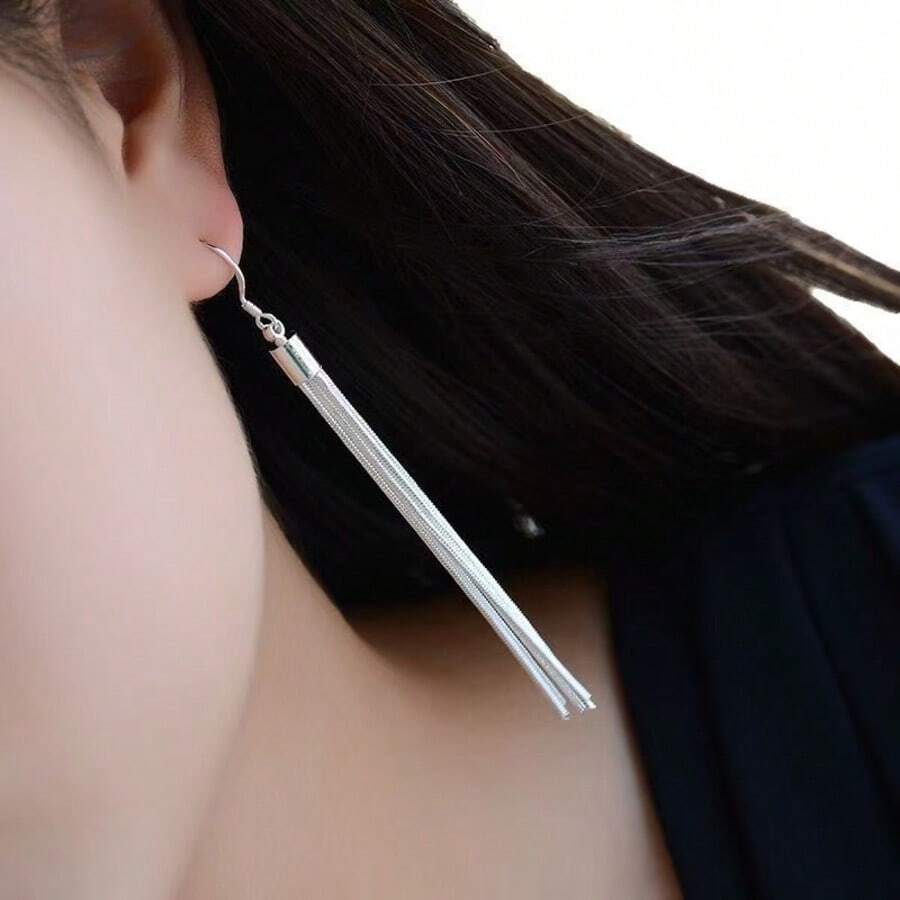 1 对长银流苏耳环，百搭女士耳坠，金色和银色可选