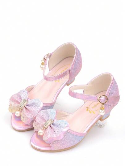 Girls' Crystal High Heel Sandals, Princess Shoes With Bowknot, Colorful Dress Shoes With Sequins