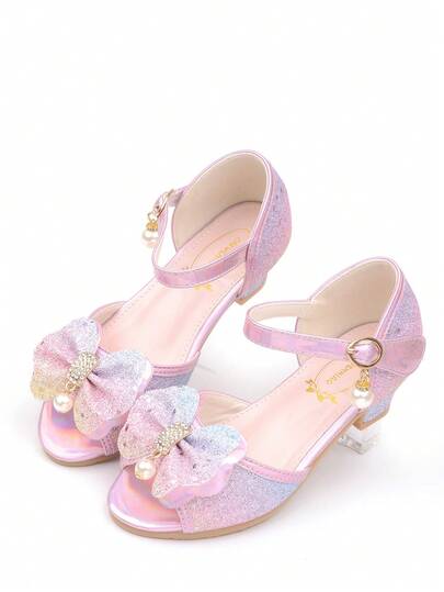 Girls' Crystal High Heel Sandals, Princess Shoes With Bowknot, Colorful Dress Shoes With Sequins