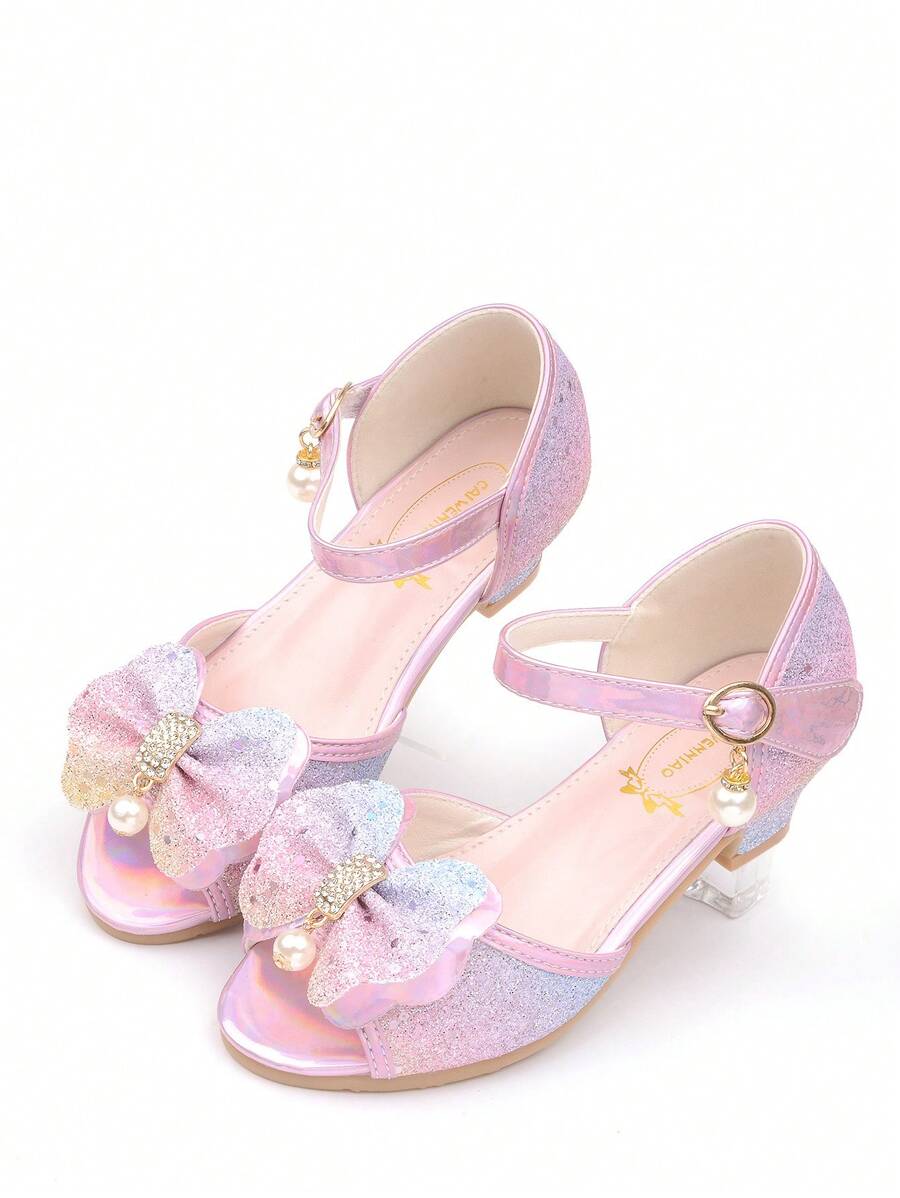 Girls' Crystal High Heel Sandals, Princess Shoes With Bowknot, Colorful Dress Shoes With Sequins