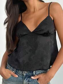 Jacquard Floral Camisole Vintage V Neck Spaghetti Strap Tank Tops Women Sleeveless Shirt Vest Y2k Crop Tops - màu đen - Xem 1