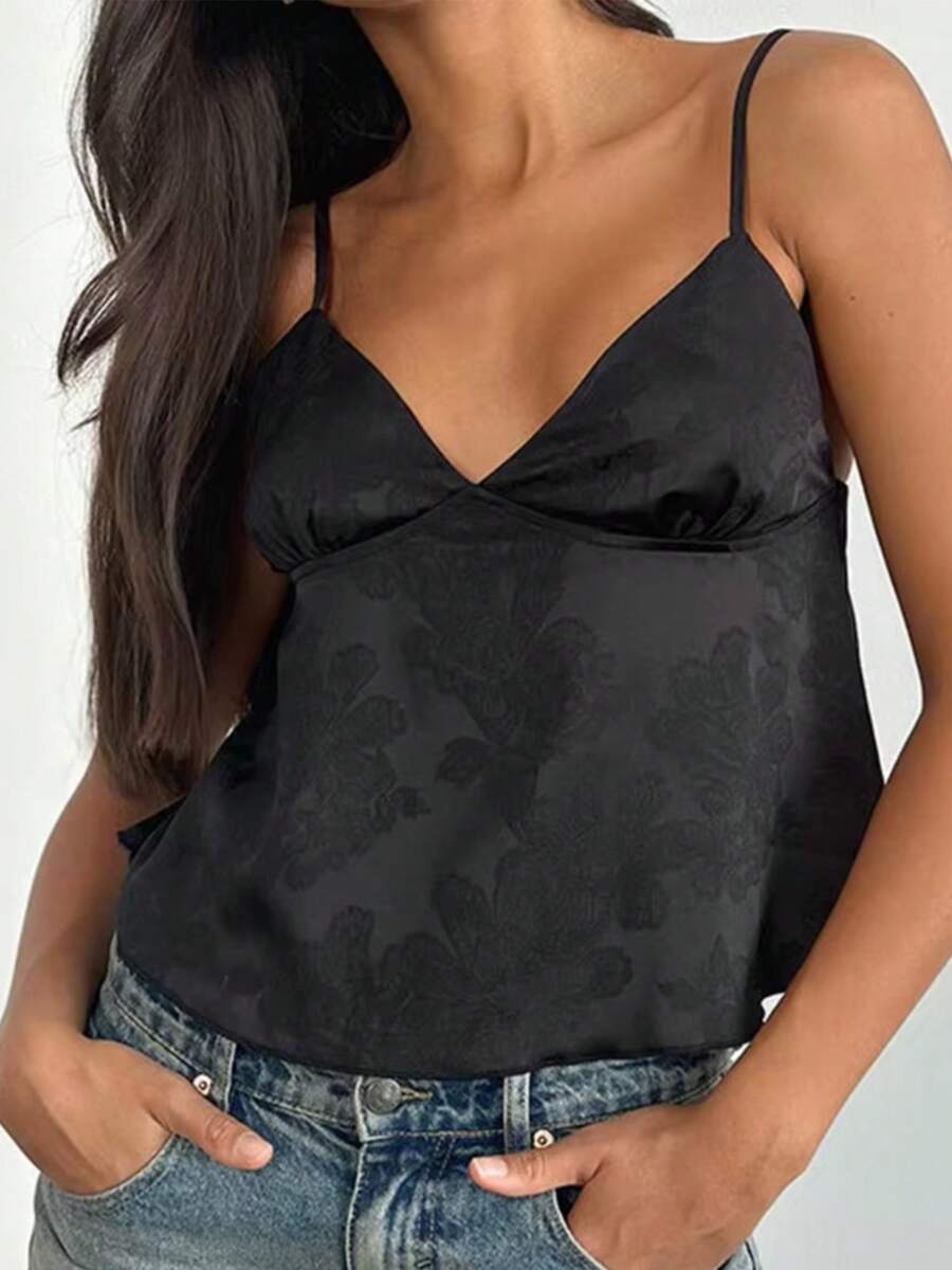 Jacquard Floral Camisole Vintage V Neck Spaghetti Strap Tank Tops Women Sleeveless Shirt Vest Y2k Crop Tops - màu đen - Xem 1