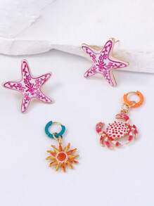 4pcs/Set Creative Starfish & Crab Drip Oil Zinc Alloy Exquisite Earring Set, Lightweight Luxurious Versatile Women Accessories