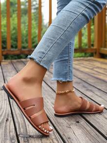 Sandalias planas informales estilo coreano para mujeres, tipo mula de playa estilo romano tejida, abiertas de dedo, apropiadas para verano, exterior, playa, apartamento, combinan bien con vestidos, color marrón - Marrón - Ver 6