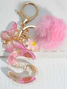 1 件英文字母干花树脂钥匙扣，带蝴蝶、流苏和绒球装饰，时尚钥匙圈礼物，送给妈妈、最好的朋友汽车配件包饰学校可爱哥特 Y2k 包配件挂绳带身份证夹汽车配件包饰 - 淺粉色 - 查看 30