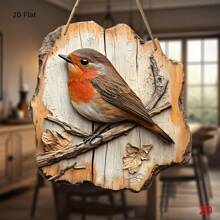 Segno da parete in legno piatto 2D a forma di uccello pettirosso, stile rustico di fattoria, con foglie e rami autunnali, perfetto per cucina, vacanze, bar, porta e decorazione portico di casa