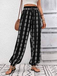 Women's Printed Casual Pants For Summer - 黑色 - 查看 4