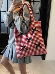 Large Capacity Plaid Bow Decor Handbag & Shoulder Bag For Women, Students School Tote Bag, Commute & Travel Diaper Bag