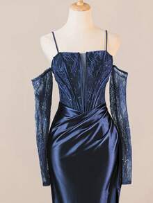 Váy dạ hội dự tiệc cưới màu trắng ren tương phản dây đeo Spaghetti Giáng sinh thanh lịch cho tiệc tối trang trọng mùa đông, dự tiệc tốt nghiệp, tiệc tối - Màu xanh hải quân - Xem 2