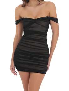 Women Mini Dress Solid Color Mesh Off Shoulder Dress Summer Fashion Backless Bodycon Dress - Black - View 7