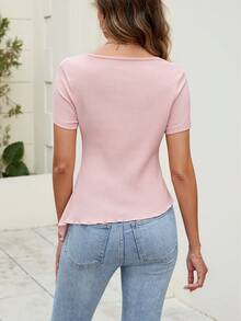 Camiseta de mujer con cuello cuadrado asimétrico y manga corta elegante, diseño con cordón, ajuste ceñido, top corto, nueva llegada de primavera/verano