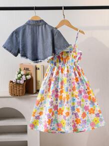 2pcs/Set Tween Girl Casual Outfit: Denim Vest And Ditsy Floral Dress, Summer Clothes