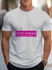 Summer New Casual Men's Short Sleeve T-Shirt- Pair Of White And Blue Angel Wings With A Chain Around Them, Set Against A Black Background With The Words Spread Your Wings, Fly Away - 灰色 - 查看 1