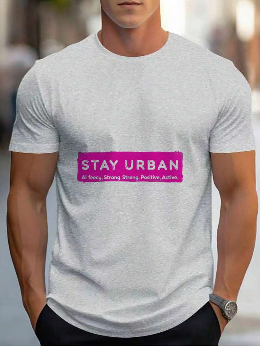 Summer New Casual Men's Short Sleeve T-Shirt- Pair Of White And Blue Angel Wings With A Chain Around Them, Set Against A Black Background With The Words Spread Your Wings, Fly Away - 灰色 - 查看 1