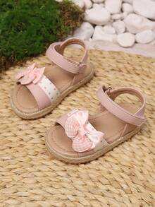 1 Pair Girls' Bow Tie Polka Dot Open Toe Espadrille Flat Sandals, Sweet Princess Style, Suitable For Summer
