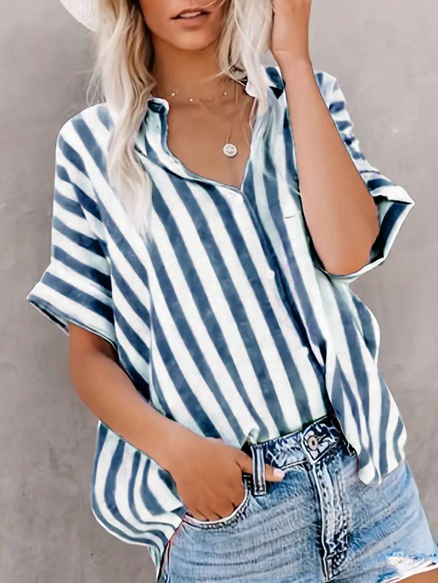 Áo sơ mi cổ ngắn tay in họa tiết sọc thường ngày cho nữ - Màu xanh hải quân - Xem 1