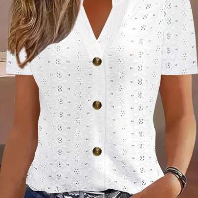 Camisa de mujer elegante de cuello en V de manga corta - Tela de punto transpirable, de unicolor, con detalle de ojal y decoración de botones, muy adecuada para el uso casual de primavera/verano | Blusa de cuello en V | Estructura de punto