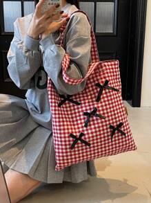 Large Capacity Plaid Bow Decor Handbag & Shoulder Bag For Women, Students School Tote Bag, Commute & Travel Diaper Bag