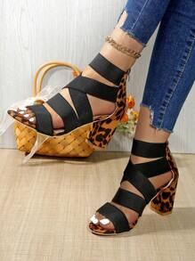 Women's Leopard Print High Heel Sandals, Open Toe Chunky Heel, Sexy Roman Straps, Zipper Closure, Synthetic Upper, Rubber Sole, 2024 New Arrival