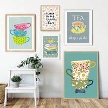 1 pieza Pintura en lienzo de arte de pared para la cocina con impresión de tazas y libros, impresión motivadora, impresión de tazas, arte nórdico moderno para decoración del hogar y la sala de estar, con marco opcional