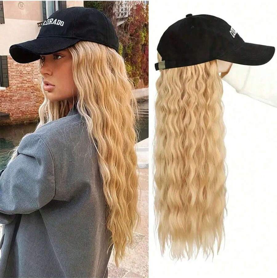 EAVIN GARY Headband Wig Deep Wave Curly Hair Wigs Baseball Cap Wig Curly Deep Wave Headband Wig Hat Wigs (Black Hat Long  Wig)