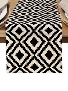 1 件黑白几何图案印花桌旗，4/6/8 件几何印花餐垫，适合节日、派对、生日、晚宴、厨房和餐厅餐桌装饰，多功能家居和房间装饰 - 黑與白 - 查看 14