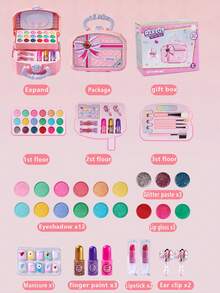 1pc Children Realistic Makeup Set, Girls Princess Makeup Carry Case, Performance Cosmetic Kit, Lip Gloss & Eyeshadow Gift Box, Makeup Treasure Chest Multilayer Gift Set, Girls Birthday Gift