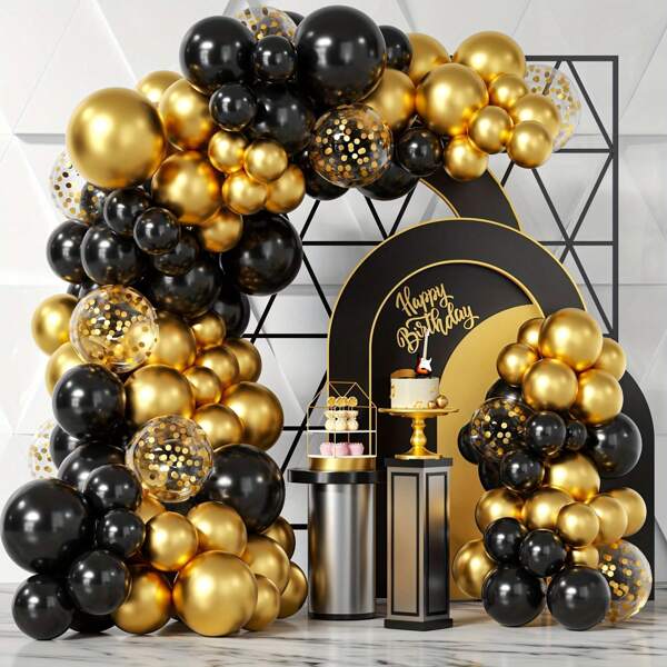 107pcs Black & Golden Balloon Garland Kit With Confetti - Perfect For Weddings, Birthdays, Anniversaries, Graduations & Festivals - Indoor/Outdoor Party Decorations