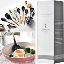 Juego de Utensilios de Cocina de Cerámica y Madera: Utensilios de Cocina Resistentes al Calor con Espátula/Cuchara/Mixer, Adecuados para Utensilios de Cocina Antiadherentes - Negro - Ver 4