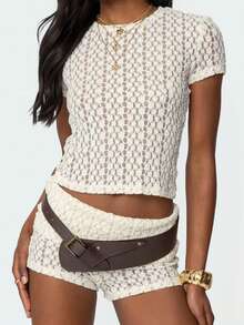 Floral Lace Sheer 2 Piece Set See Through Short Sleeve Crop Tops T-Shirt + Folds Mini Shorts Women Y2k Vintage Outfits - 白色 - 查看 1