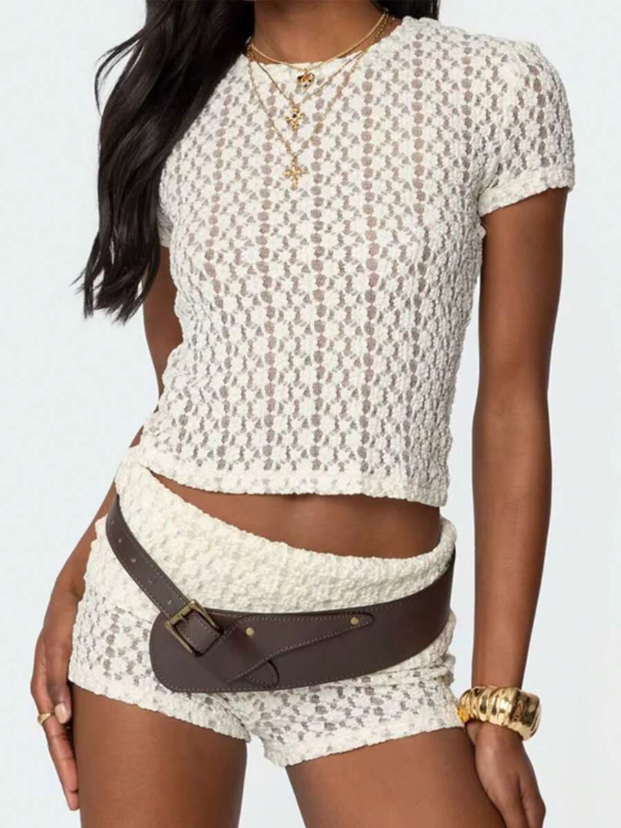 Floral Lace Sheer 2 Piece Set See Through Short Sleeve Crop Tops T-Shirt + Folds Mini Shorts Women Y2k Vintage Outfits - 白色 - 查看 1