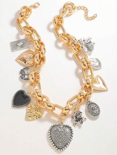 1pc Metal Heart & Butterfly Multiple Pendant Thick Chain Necklace, Goth Style Suitable For Women Everyday Wear