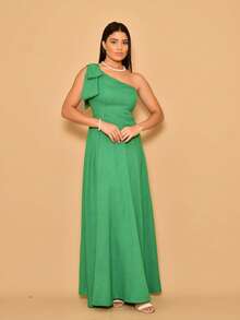 Helena Long Dress Luxury Plain Duna Linen With Bow One Shoulder - 綠色 - 查看 3