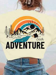 Seek Adventure Print Tee Shirt, Suitable For Camping, Hiking, Nature Lovers, Adventure Seekers, Summer Holiday