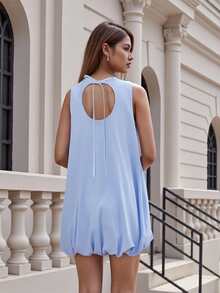 Women's Sleeveless Bubble Hem Dress  Back Cutout  Tie-Up Detail  Loose Fit Mini Dress With Pockets - 藍色 - 查看 4