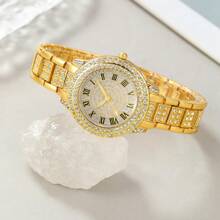 Relógio feminino moderno com 6 peças, escala romana, mostrador, strass, quartzo, ponteiros redondos, relógios femininos e acessórios de joias, colar, pulseira, brincos, conjunto de anéis, festa, casamento, presente, praia, férias, presente de dia dos namorados