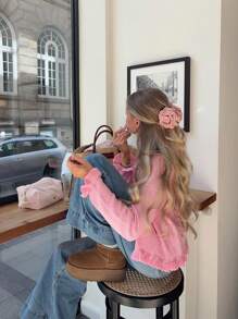 Cardigan lavorato a maglia dalle linee romantiche, con bottoni frontali, in colore rosa, design in pizzo, maglia casual, girocollo, manica lunga, adatto per uso quotidiano, vacanze, san valentino, giacca leggera