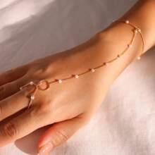 1pc Minimalist Multi-Layered Evil Eye Bracelet Rings, Bohemian Connected Bead Silver-Tone Hand Chain Jewelry Suitable For Parties, Holidays, Vacations, Daily Wear, Finger Chain, Simple Hand Decor