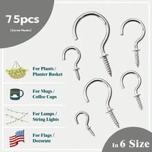 75PCS Cup Hooks Screw In, 6 Sizes Metal Screw Hooks For Wood, Sliver Screw In Hooks For Hanging Mug Key And Garden Lights - View 5