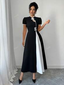 Summer Black & White Contrast Collar Puff Sleeve Cinching Waist Button Down Midi Elegant Office Fitted Dress For Women