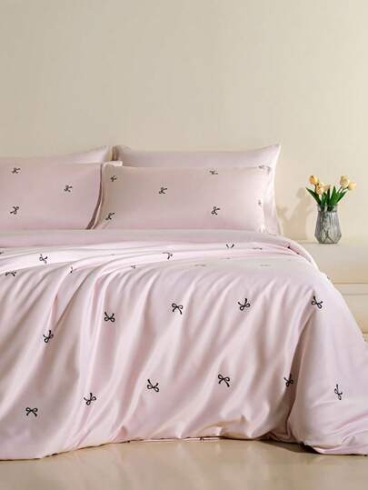 3 piezas Juego de Funda Nórdica de Seda de Hielo 100% Poliéster con Estampado de Lazo Rosa, 2 Fundas de Almohada + 1 Funda Nórdica (Sin Sábana Bajera)