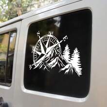 1 Pc Compass Mountain Forest Vinyl Decal, Waterproof Traveling Adventure Style Sticker For Off-Road Vehicle RV Camper Trailer Caravan