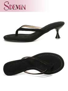 SDEMIN Summer New Arrival Women's Solid Color Slippers, Elegant Vacation Shoes, Casual Beach High Heels Sandals, Fashionable Slip-On Heels For Dress - 黑色 - 查看 8