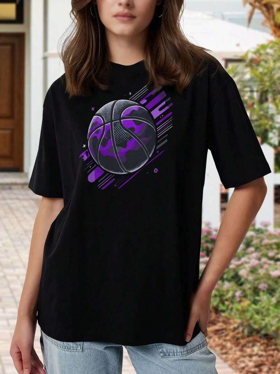 Camiseta gráfica de baloncesto negra para mujer, cuello redondo, manga corta, para aficionados al deporte, uso informal - Negro - Ver 1