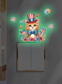 Set de 2 calcomanías de pared con diseño de gato que brillan en la oscuridad para el Día de la Independencia, pegatinas de pared de decoración de habitación