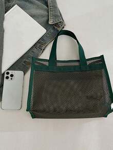 1个网眼手提袋，轻便网眼淋浴袋，带提手，可用作购物袋，缝边，纯色，可折叠，适合游泳和健身，大容量，便携式网眼沙滩包，是家庭旅行和度假的理想选择。 - 彩色 - 查看 10