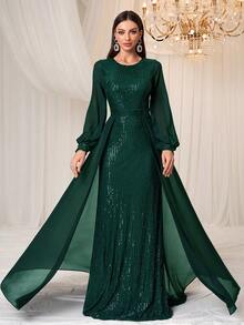 YISIKADO Đầm dạ hội dự tiệc trang trọng cho nữ, Đầm dài tay bằng vải chiffon sequin sang trọng thanh lịch - Màu xanh lá cây đậm - Xem 4
