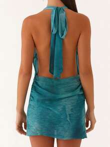 Women Summer Sleeveless Mini Dress Casual Shell V-Neck Wrap Halter Neck Party Dress For Beach Club Streetwear - màu xanh lá - Xem 6