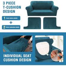 Sofa Cover 3 Piece T Cushion Loveseat Slipcovers Thick Velvet Couch Cover Stretch T Cushion Sofa Covers For 2 Cushion Couch With 2 Individual T Cushion Covers Washable, Stone Blue - Deep Teal - 查看 11